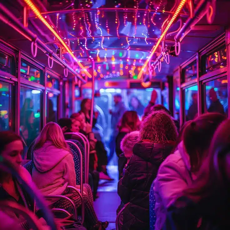 Premium party bus interior with LED lighting and dance floor