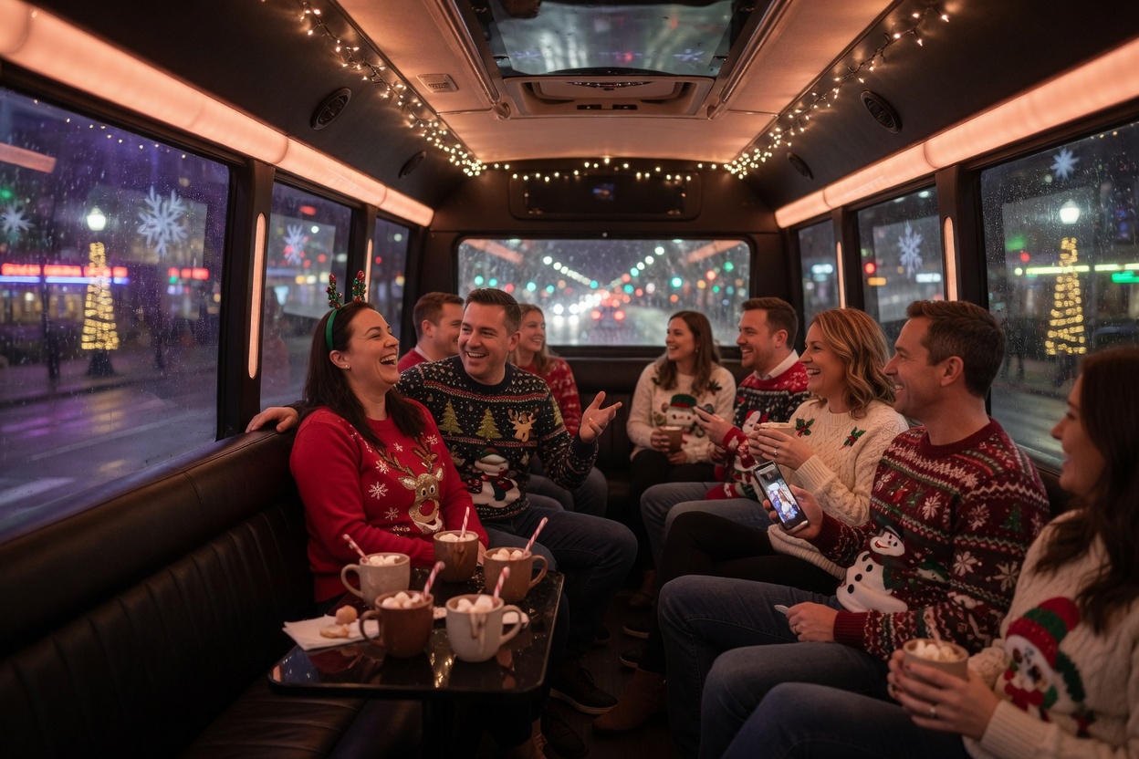 Adults in holiday sweaters riding a party bus