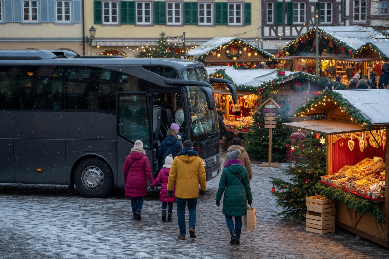 Charter coach at a Christmas market