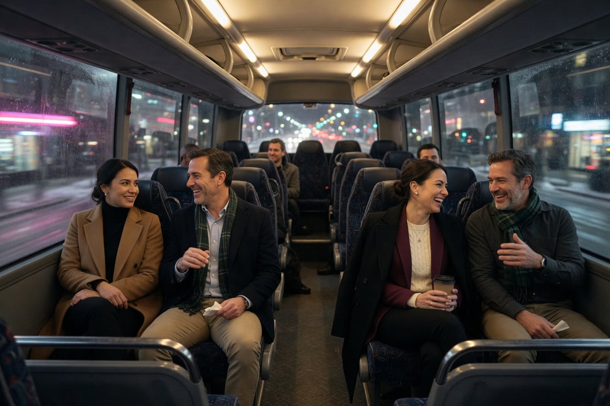 Colleagues on a charter coach on the way to a holiday dinner