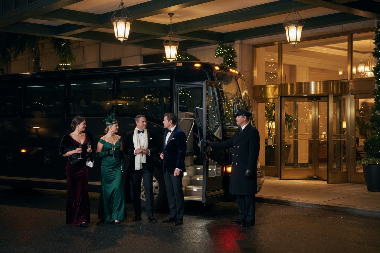 Chauffeur holding the door of a motor coach at a hotel entrance