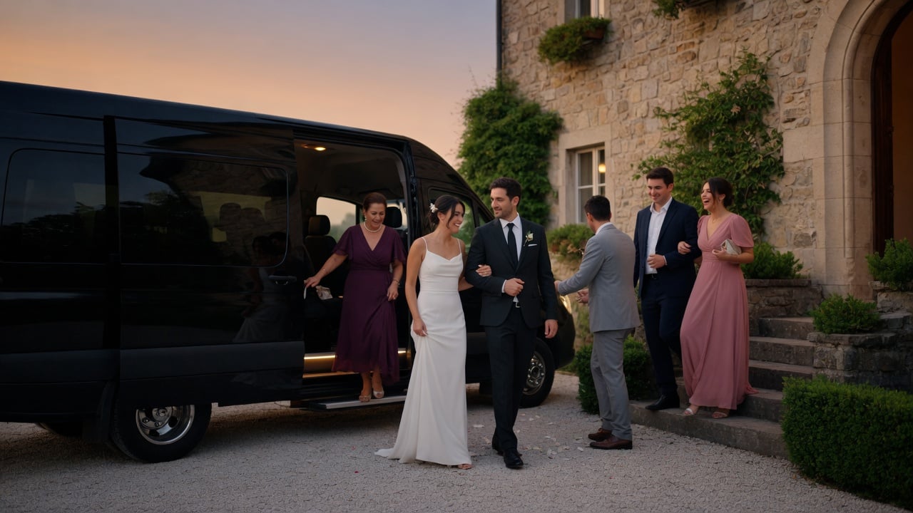 Wedding guests riding a charter coach between ceremony and reception