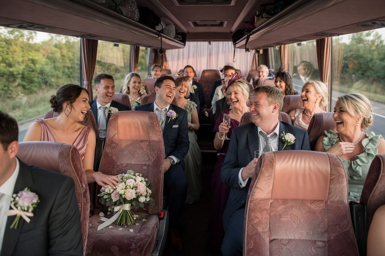 A bride, groom, and guests arriving by shuttle at a stone wedding venue